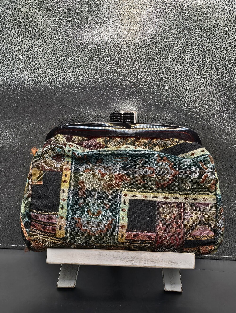 Vintage Multicolor Geometric Tapestry Frame Lucite Clasp Clutch Made In Italy